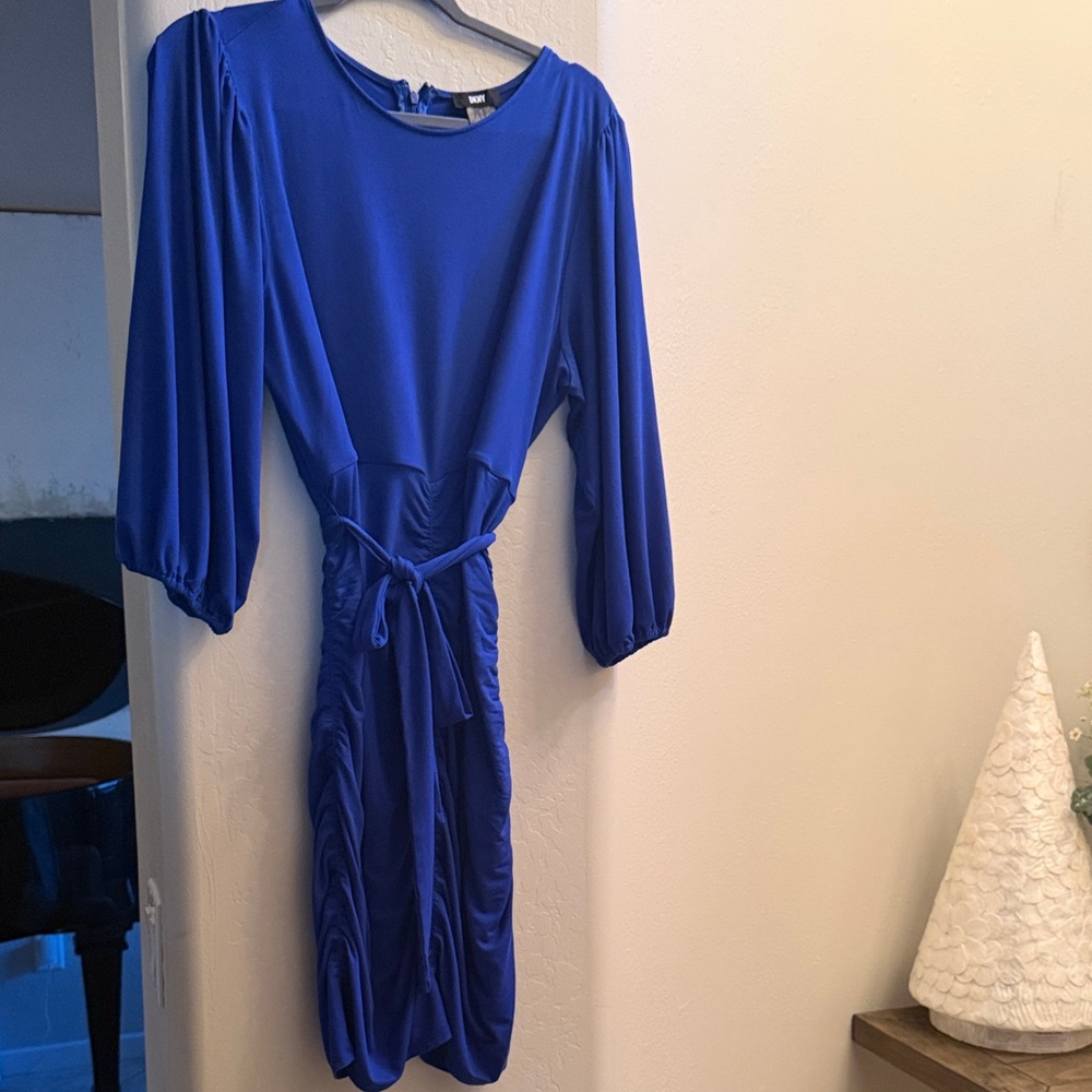DKNY Blue Long-Sleeve Ruched Dress